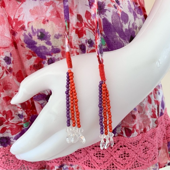 pink purple floral print cap short sleeve blouse with tassels - Picture 9 of 16